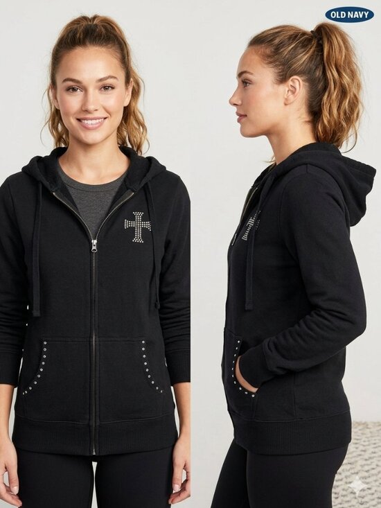 Tops - Old Navy Black Women's Full Zip Hoodie w/ Rhinestones Sweatshirt - Size Medium